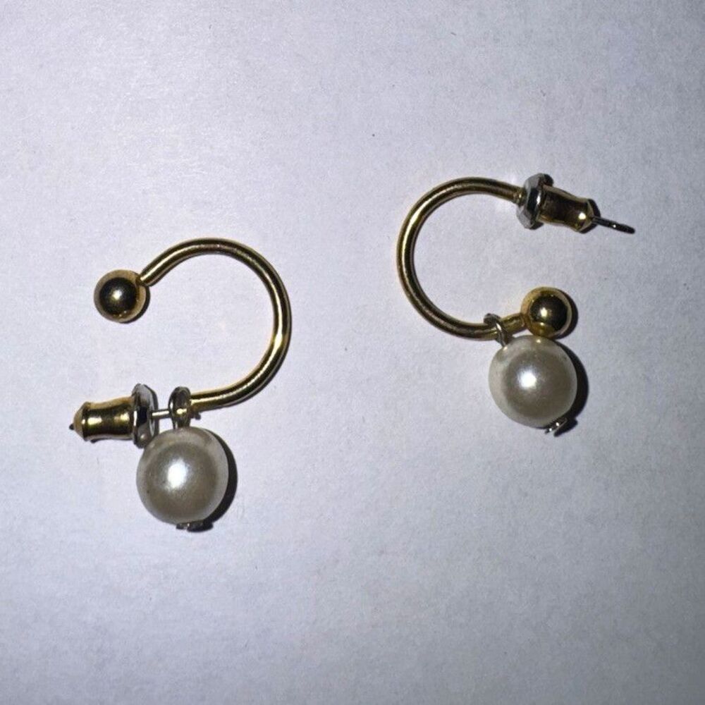 Gold Tone Hoop/Huggie White Simulated Imitation Pearl Drop Earrings Butterfly